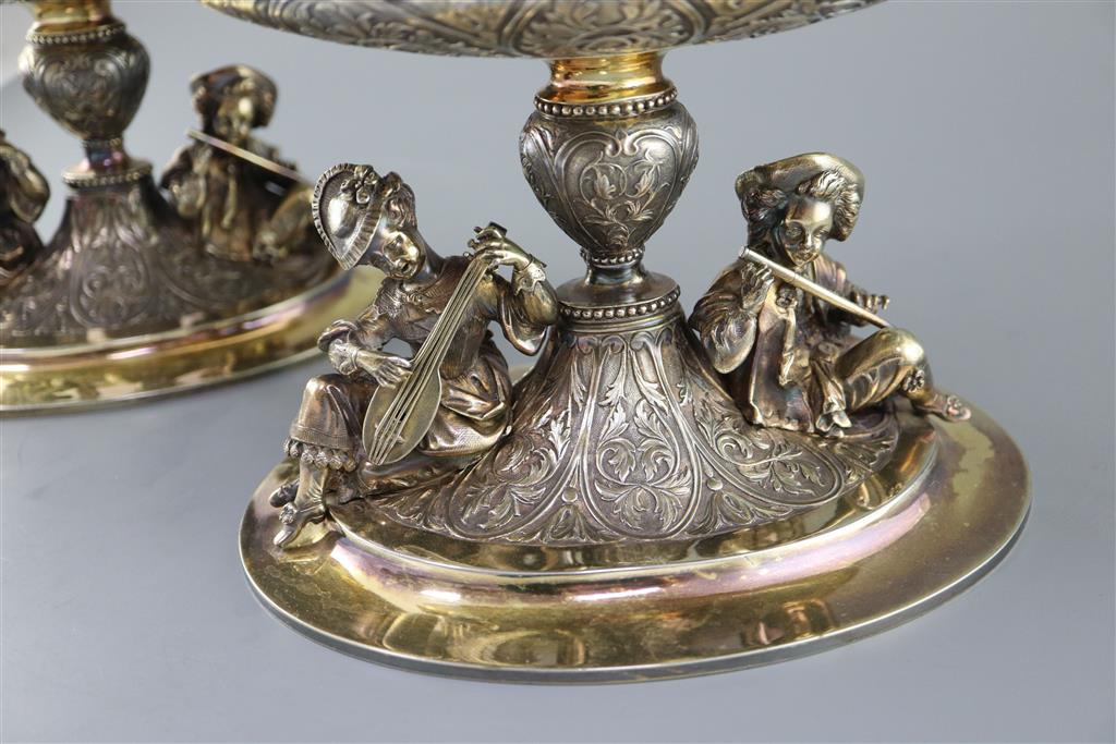 A handsome pair of Victorian parcel gilt silver oval comports by Hunt & Roskell (lacking glass bowls),